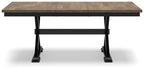 Dark brown dining table with extension leaves, black legs, and open underside support