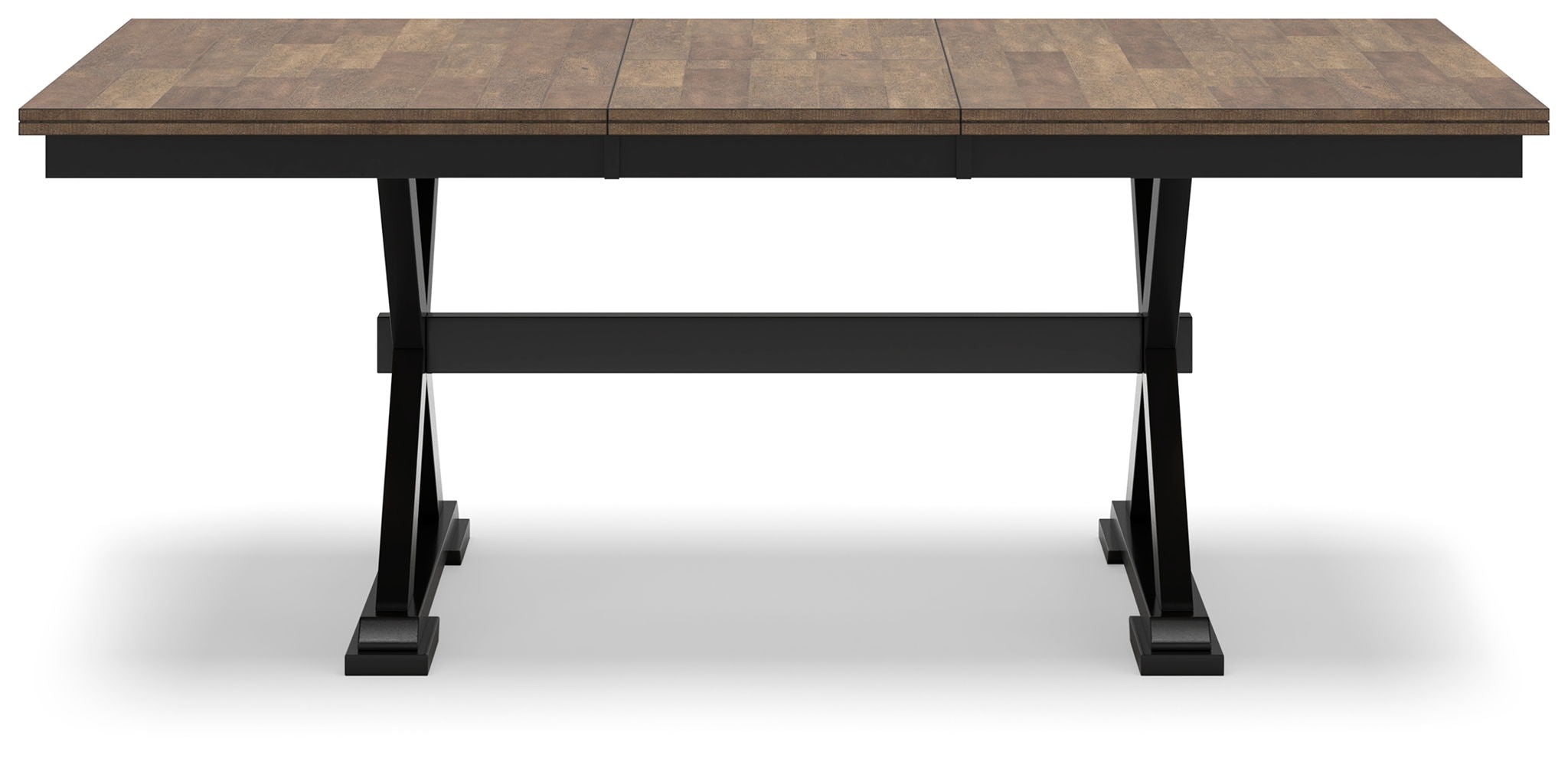 Dark brown dining table with extension leaves, black legs, and open underside support