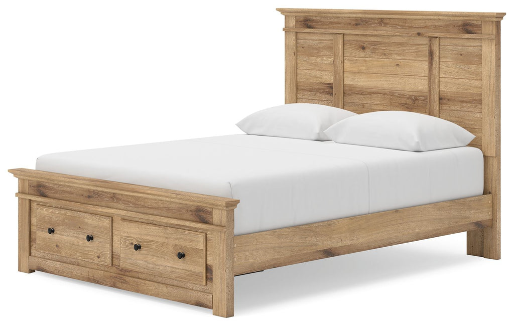 Light brown panel storage bed with side drawers and a tall paneled headboard.