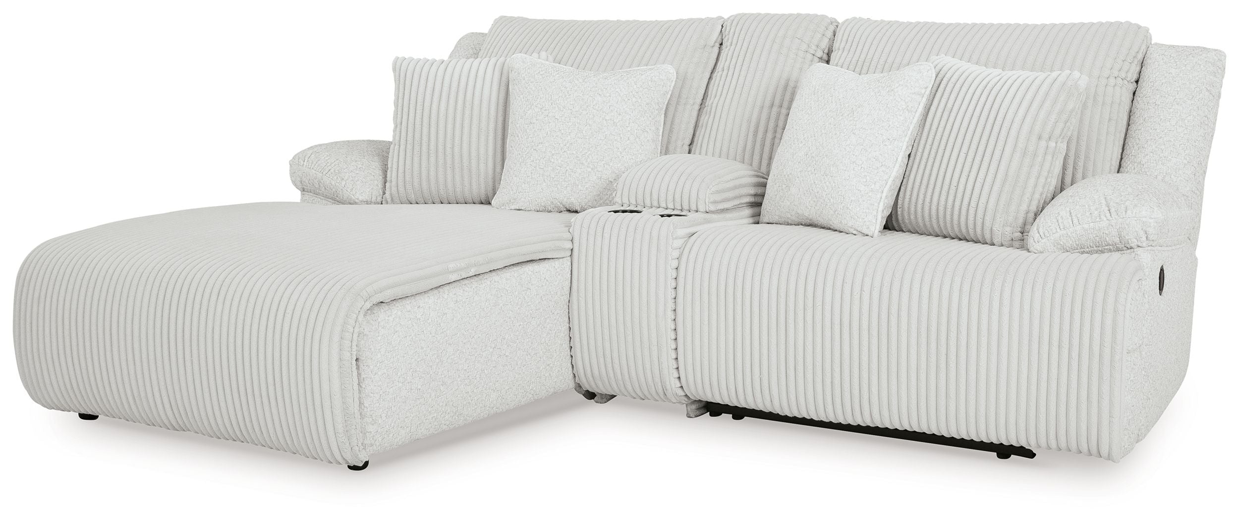 Light gray reclining sectional sofa with chaise, ribbed upholstery and tufted back cushions