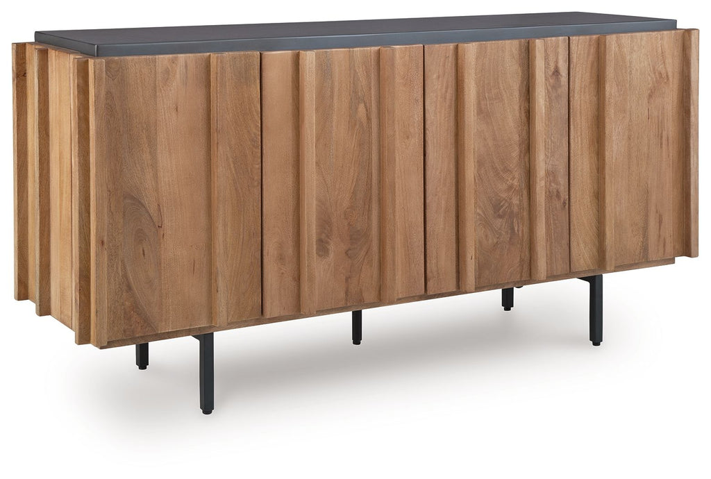 Wood accent cabinet with charcoal top and four paneled doors on tapered legs