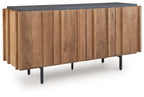 Wood accent cabinet with charcoal top and four paneled doors on tapered legs