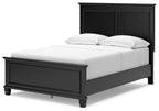 Black panel bed with tall headboard and matching footboard, no storage drawers shown.