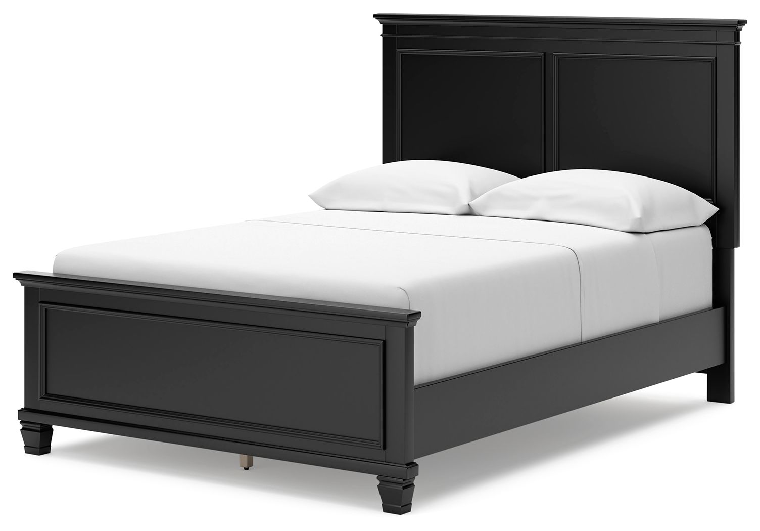 Black panel bed with tall headboard and matching footboard, no storage drawers shown.