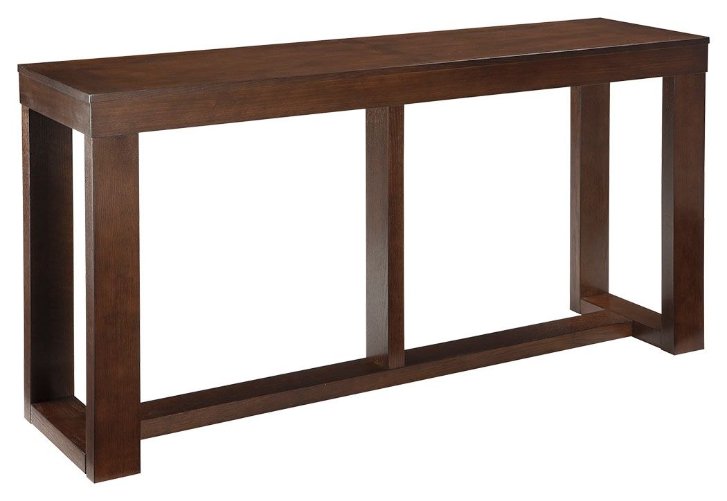 Dark brown sofa table with rectangular top and open base