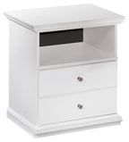 White one-drawer night stand with open shelf and brushed metal knobs