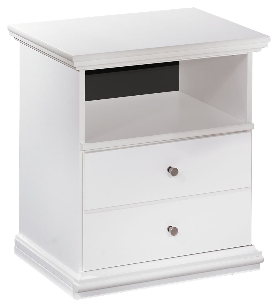 White one-drawer night stand with open shelf and brushed metal knobs