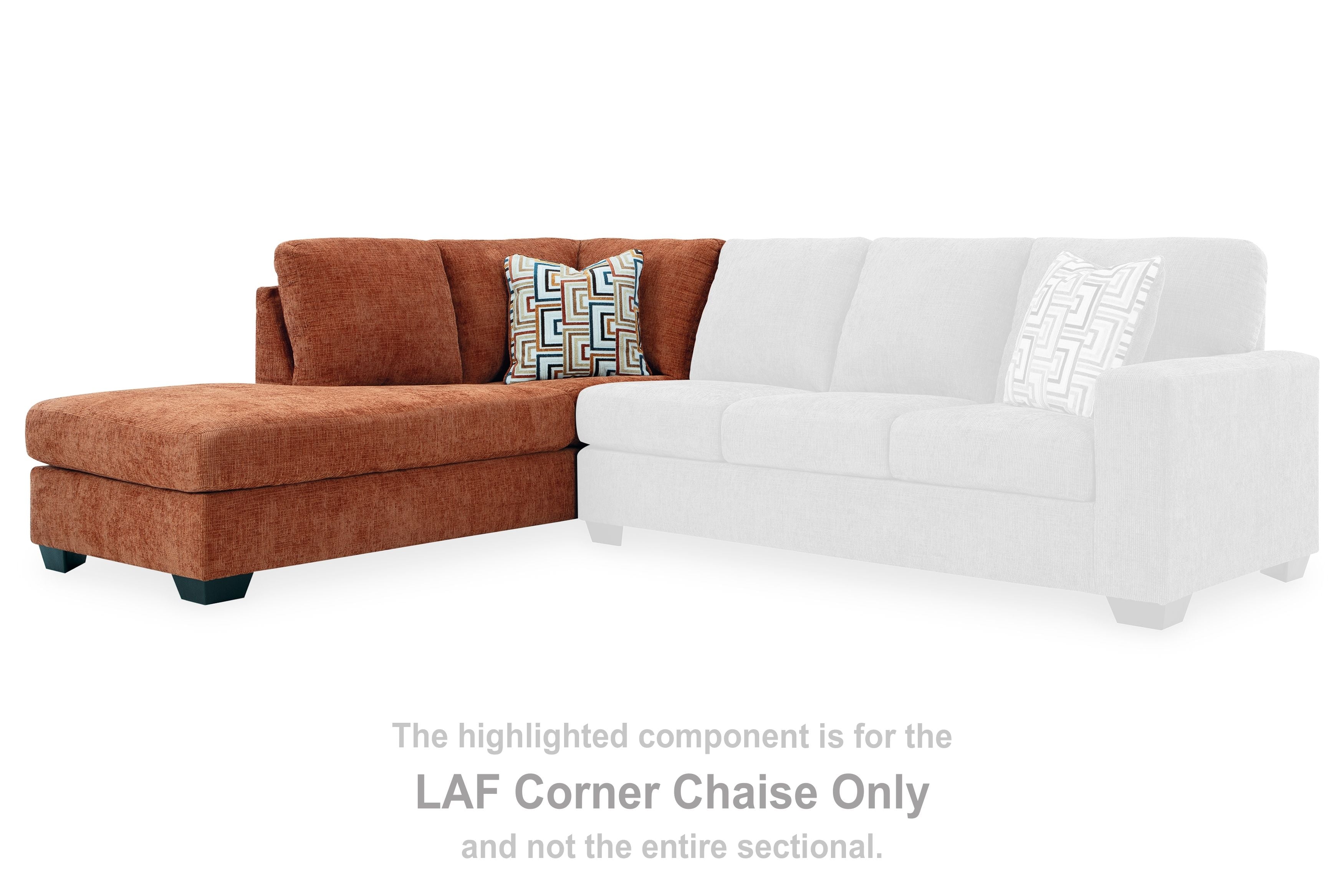 Spice-brown corner chaise section with geometric cushion next to a white sectional
