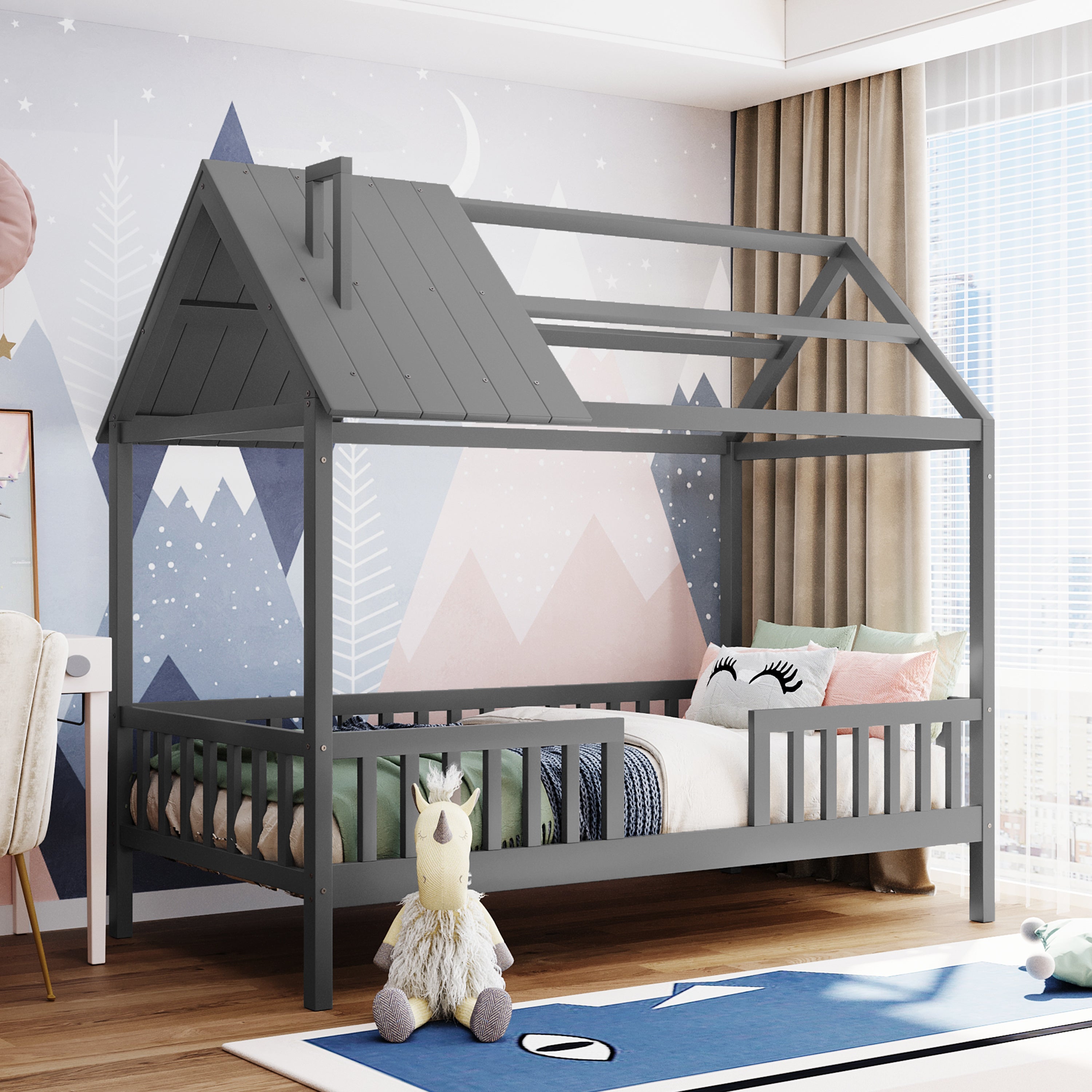 Kids Twin Size Gray Wood House Bed Frame with Safety Fence