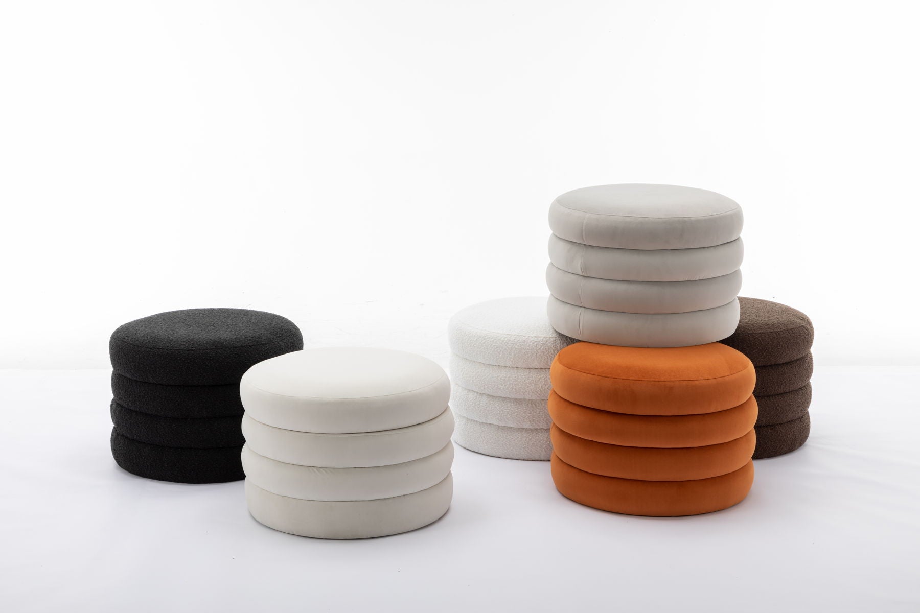 Velvet Fabric Storage Round Ottoman Footstool With Wooden Shelving, Orange