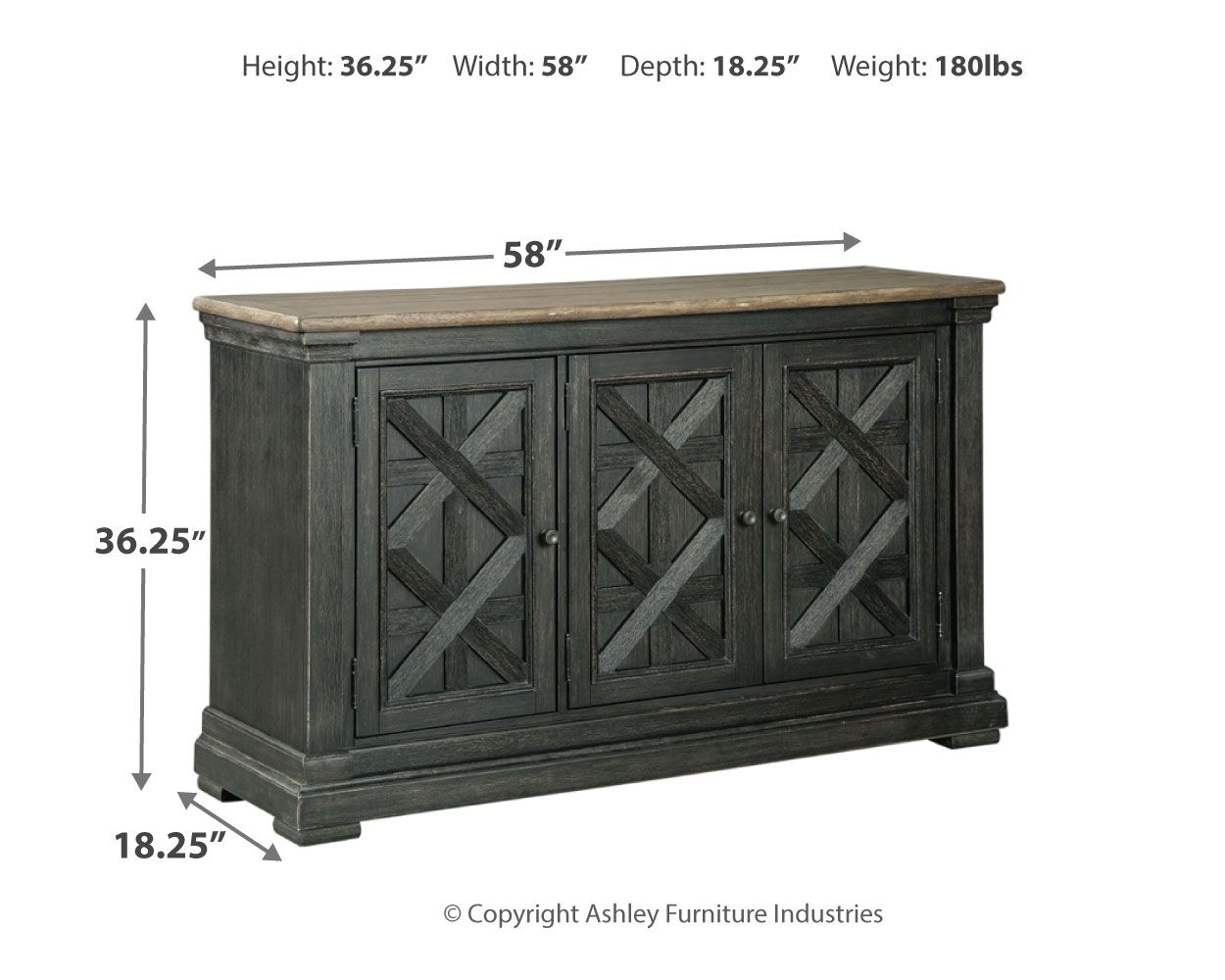 Dining room server with X-pattern door panels, dark gray/black finish, wood top.
