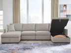 Gray sectional sofa with chaise arm and open storage compartment in the chaise base