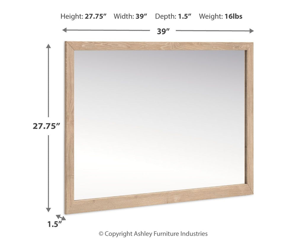 Tan rectangular mirror frame, 27.75 in high, 39 in wide, 1.5 in deep