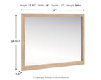 Tan rectangular mirror frame, 27.75 in high, 39 in wide, 1.5 in deep