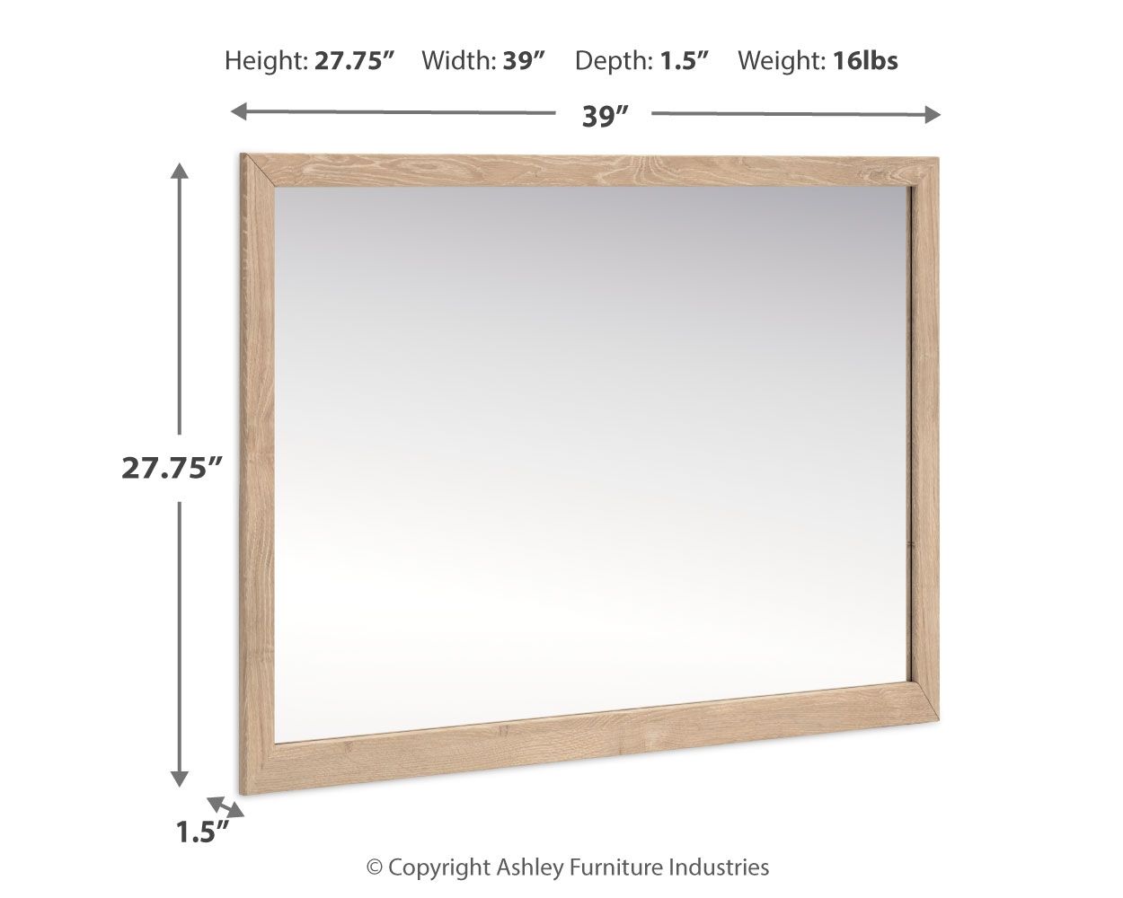 Tan rectangular mirror frame, 27.75 in high, 39 in wide, 1.5 in deep