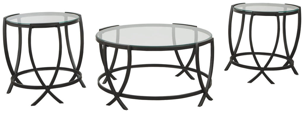Black metal occasional table set of 3 with round glass tops and curved X legs
