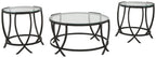 Black metal occasional table set of 3 with round glass tops and curved X legs
