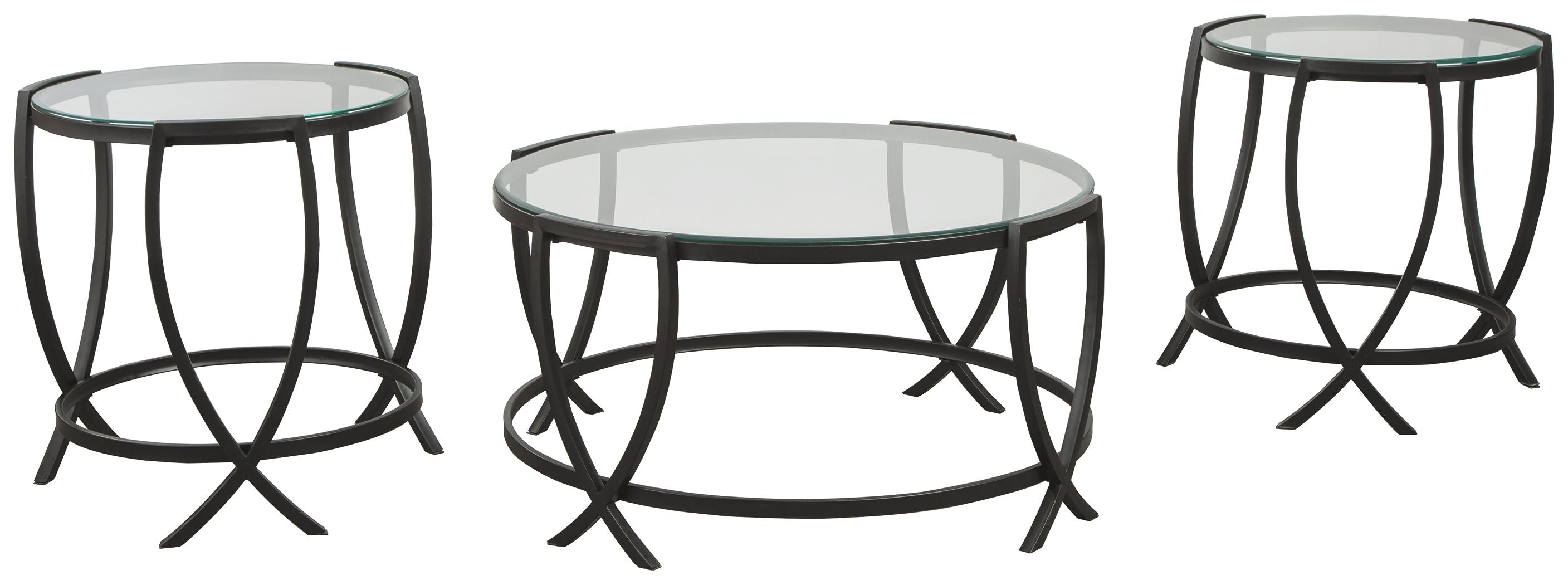 Black metal occasional table set of 3 with round glass tops and curved X legs