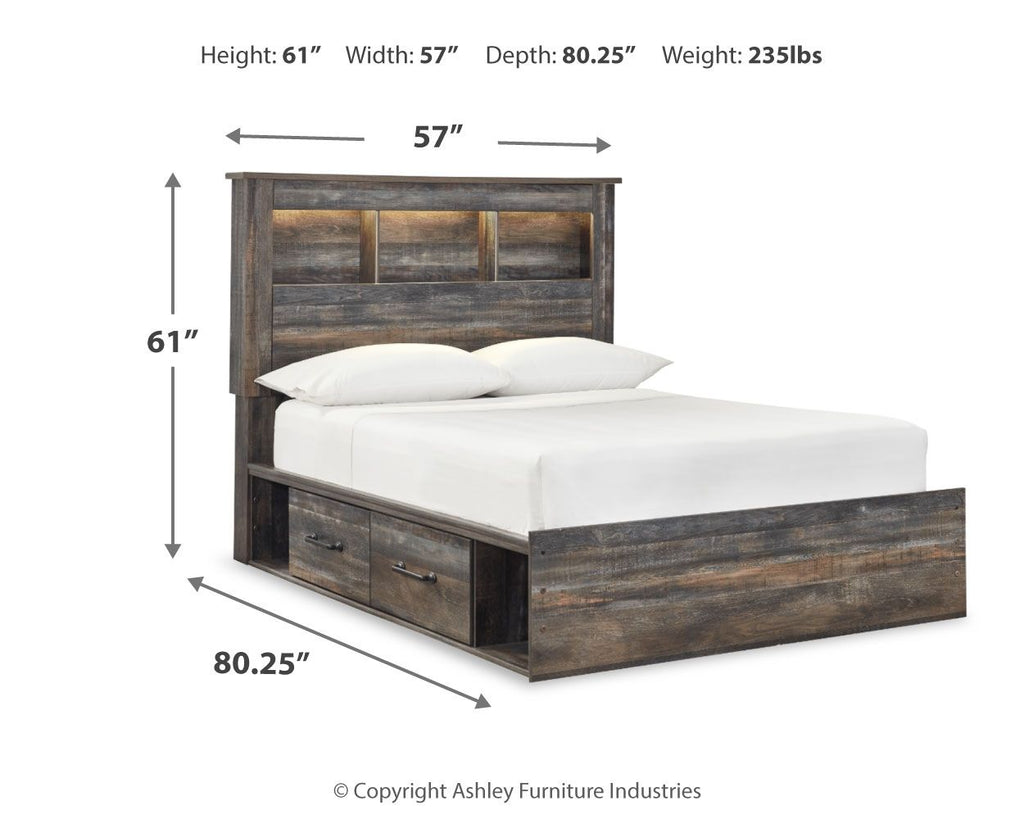 Panel bookcase bed with two under-drawer storage, dark wood frame, white mattress