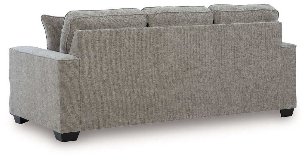 Larimer sofa in gray upholstery with thick arms, rounded back, and three seat cushions