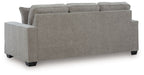 Larimer sofa in gray upholstery with thick arms, rounded back, and three seat cushions