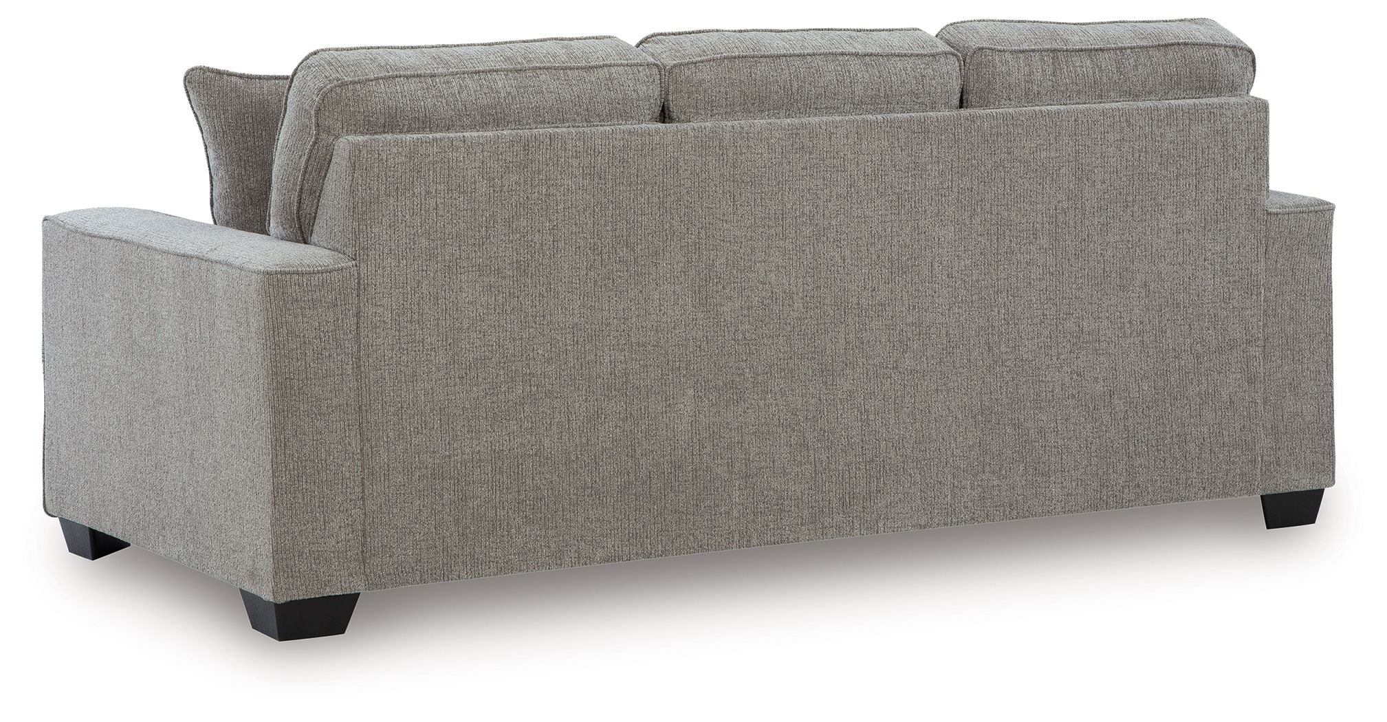 Queen sofa sleeper with gray upholstery and three back cushions