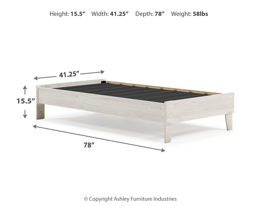 Platform bed frame dimensions shown: light wood sides with black slat support
