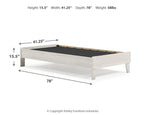 Platform bed frame dimensions shown: light wood sides with black slat support