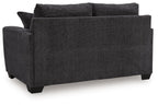 Dark gray loveseat with boxy arms and two back cushions, no throw pillows