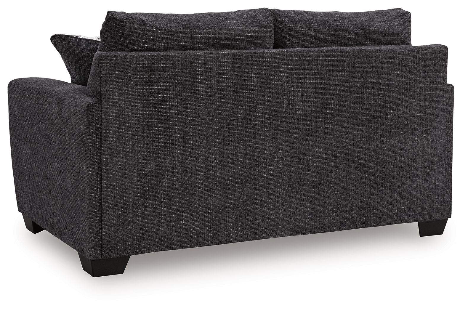 Dark gray loveseat with boxy arms and two back cushions, no throw pillows
