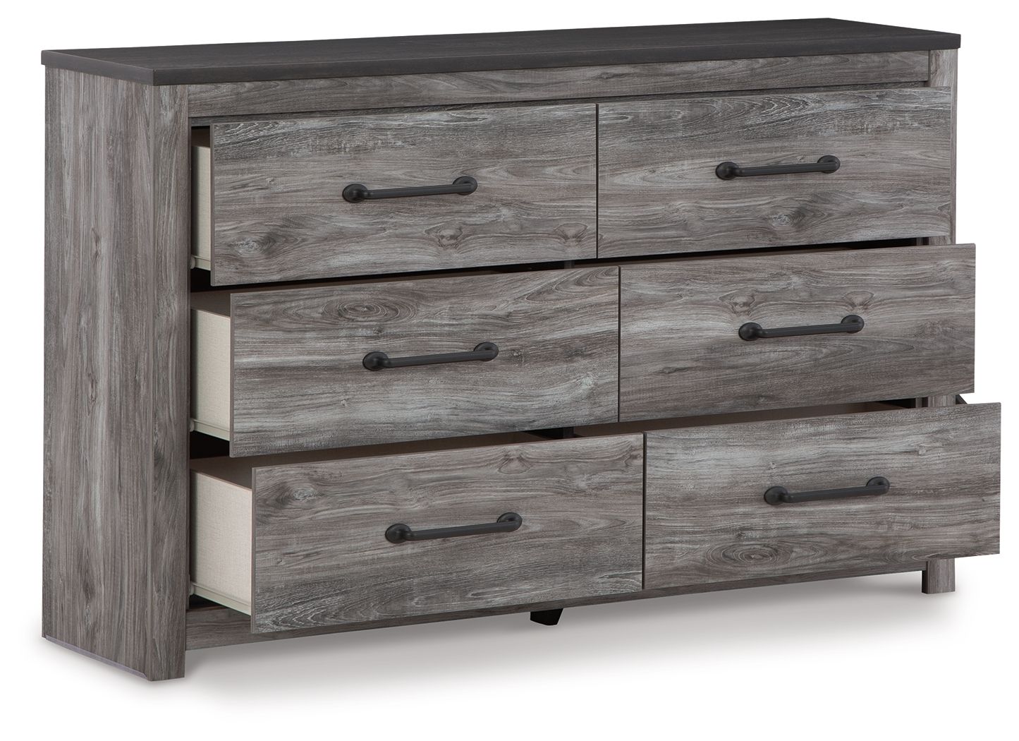 Dark gray dresser with multiple drawers, open compartments, and metal bar pulls