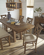 Counter-height dining table with upholstered chairs, bar stools, and dark wood server