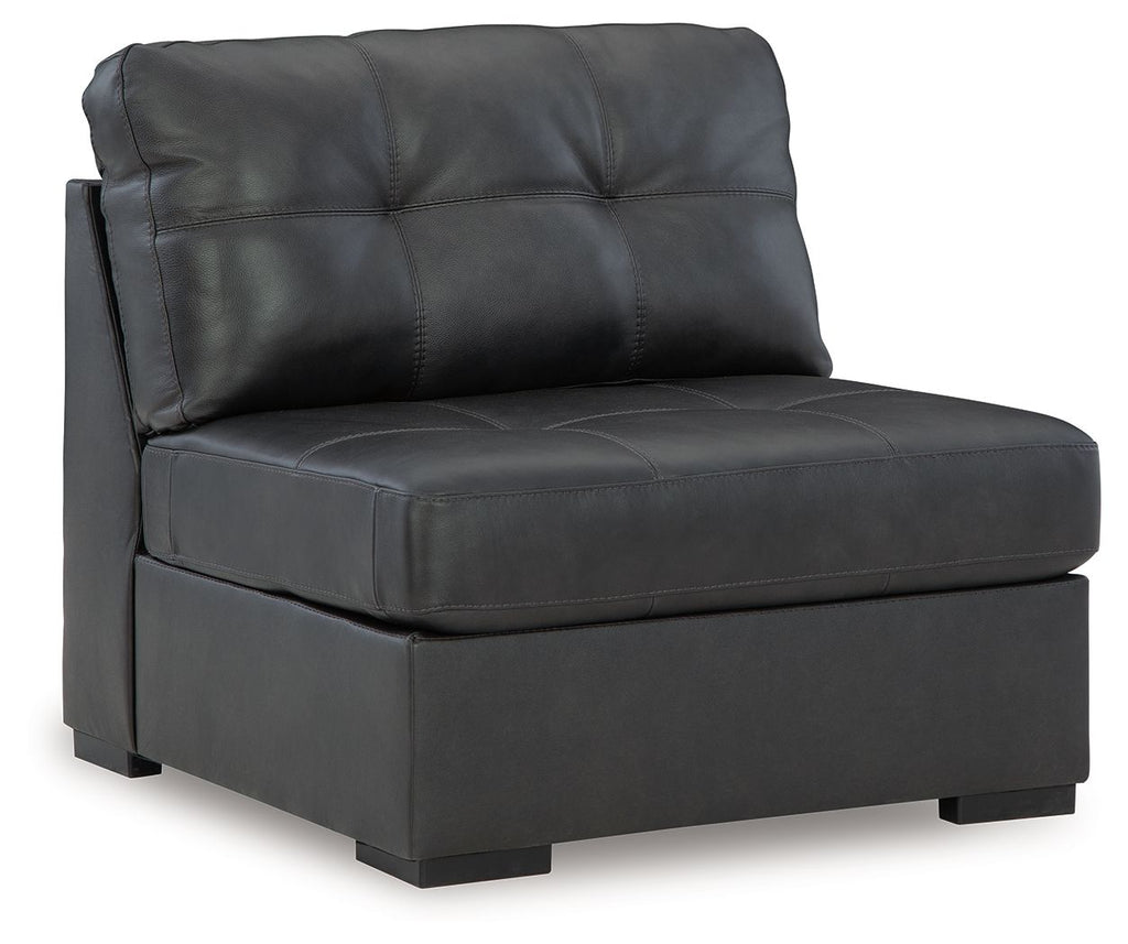 Armless chair with tufted back and dark gray faux leather, squared armrests