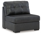 Armless chair with tufted back and dark gray faux leather, squared armrests