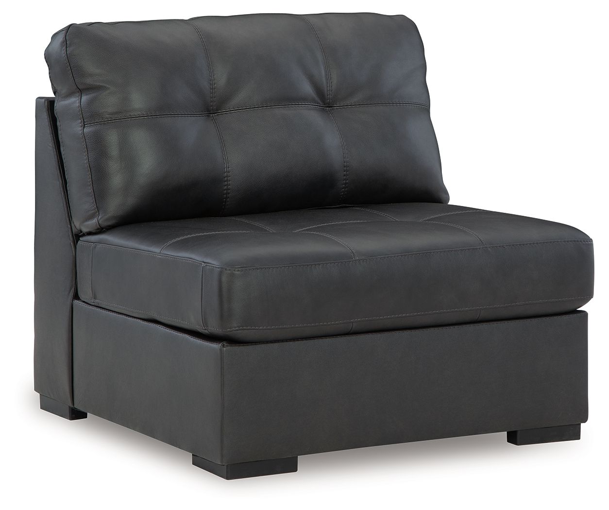 Armless chair with tufted back and dark gray faux leather, squared armrests
