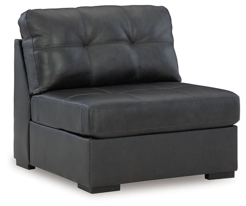 Armless chair with tufted back and dark gray faux leather, squared armrests
