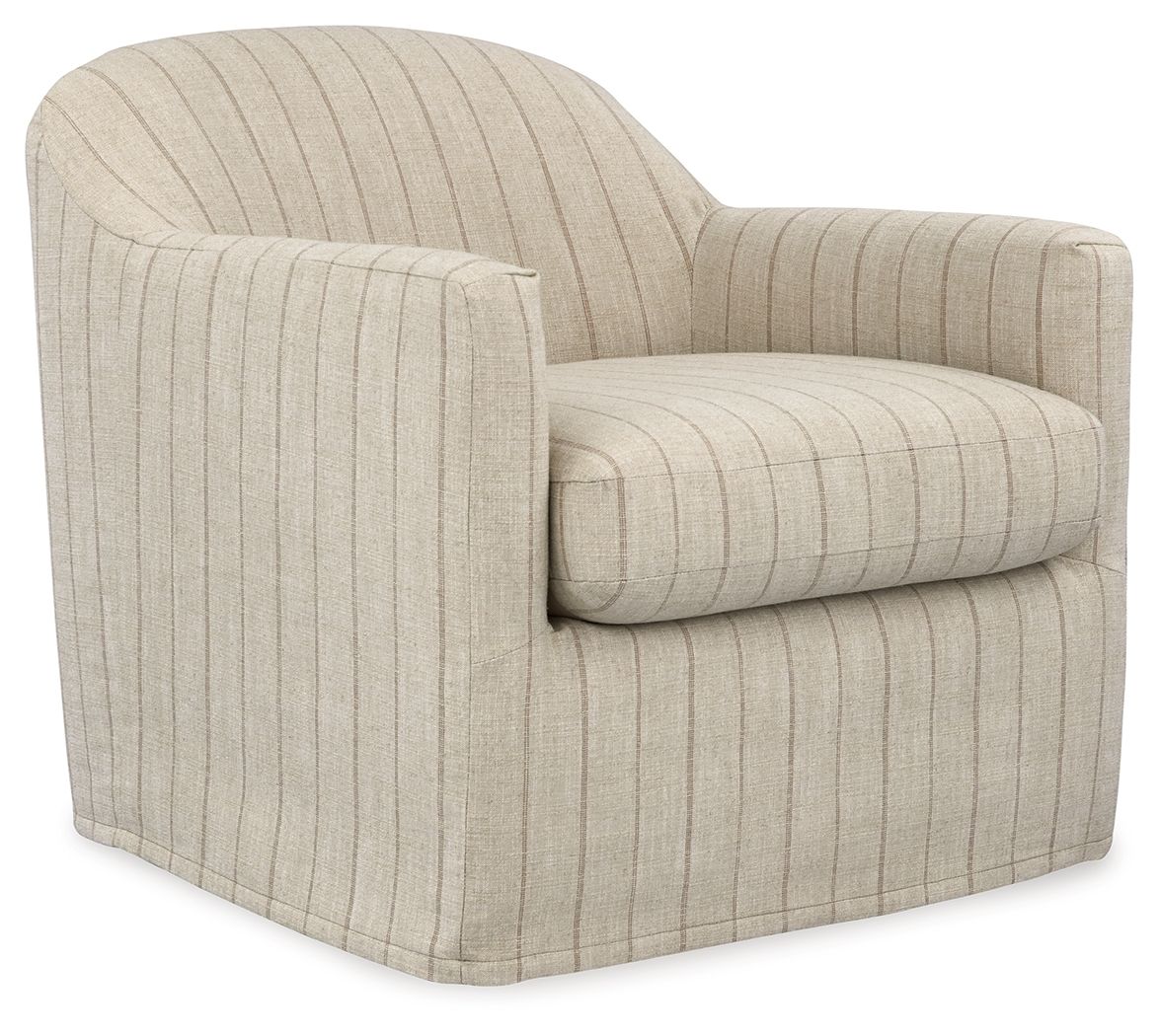 Cream swivel accent chair with vertical pinstripe fabric, rounded arms and back.