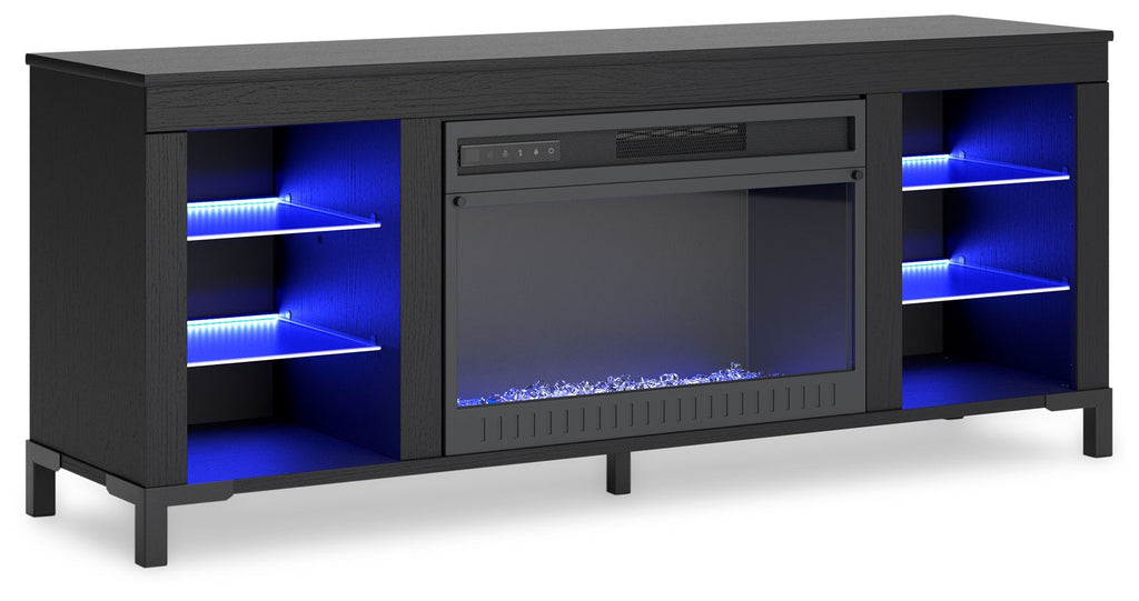 Black TV stand with electric fireplace and blue LED-lit shelves on both sides