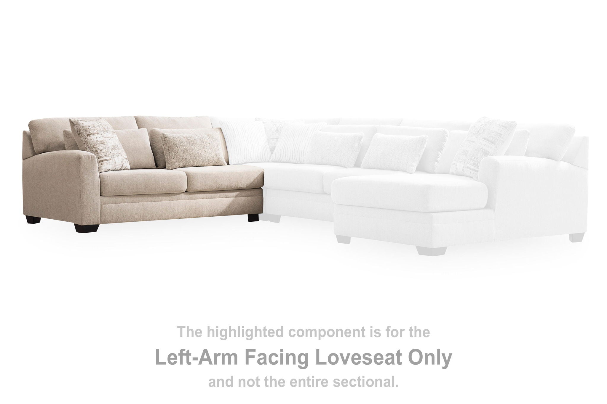 Left-arm facing beige loveseat with rolled arms, dark legs, and stacked throw pillows