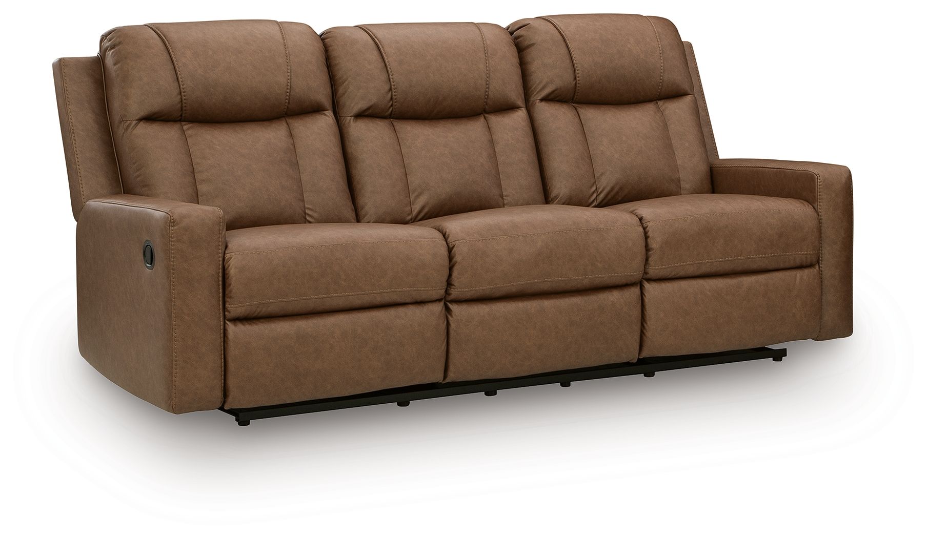Light brown reclining sofa with padded, tufted back cushions and segmented seat panels