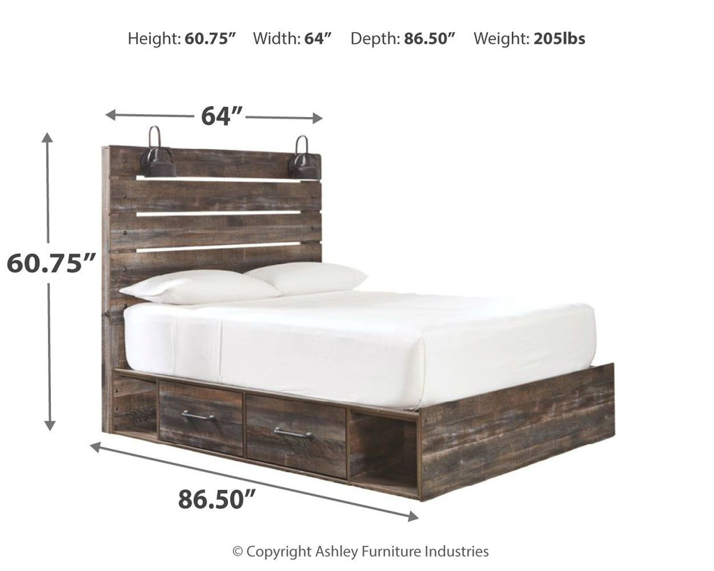 Panel bed with dark distressed wood frame and slat headboard; two-center drawer fronts; measurements shown