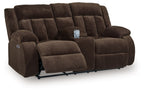 Chocolate double reclining loveseat with center console and side control panel