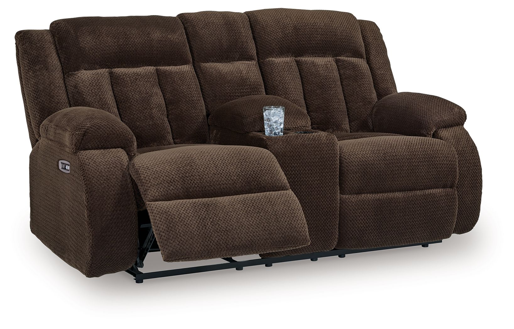 Chocolate double reclining loveseat with center console and side control panel