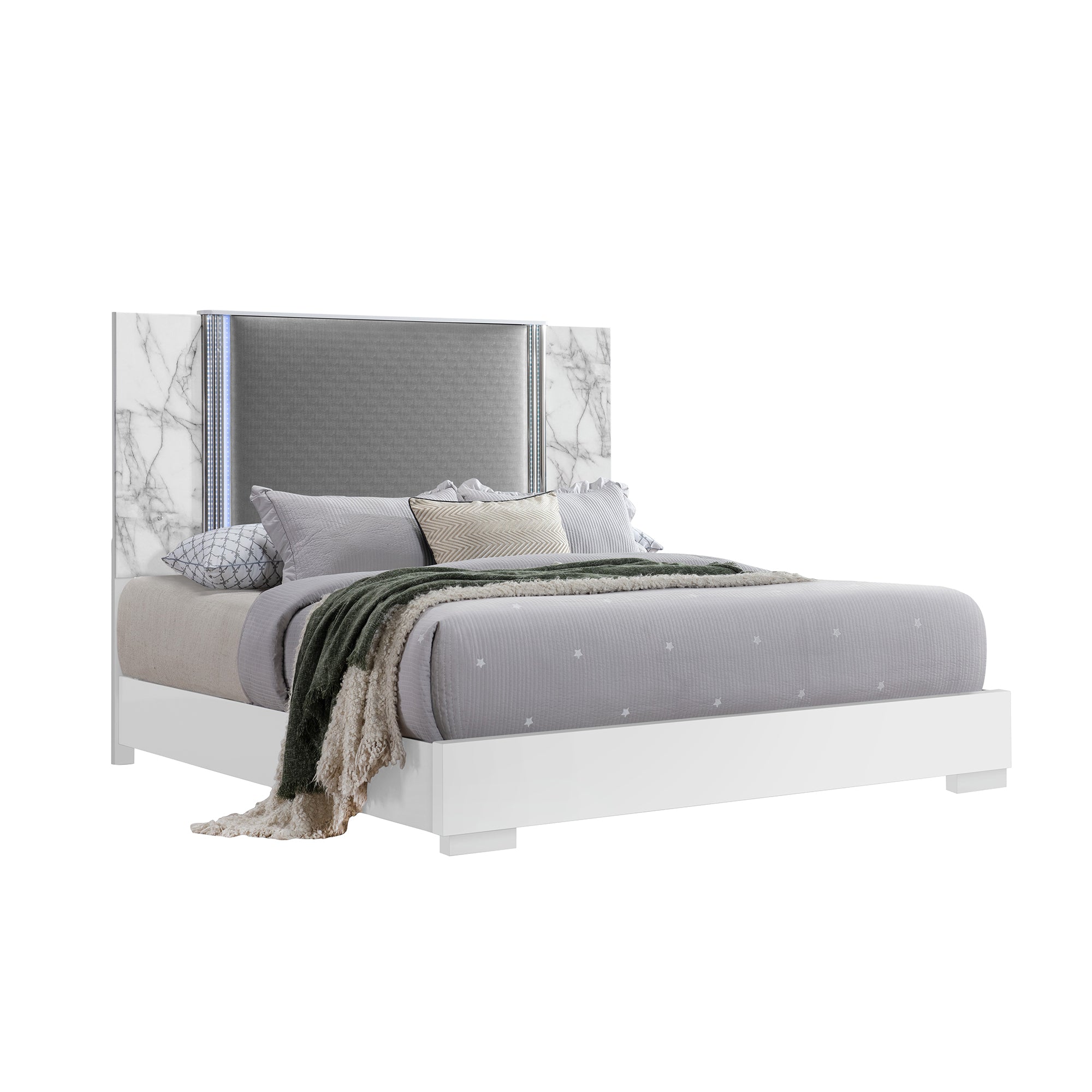 Modern MOON White Marble King Bed | LED Lights | Solid Wood Frame