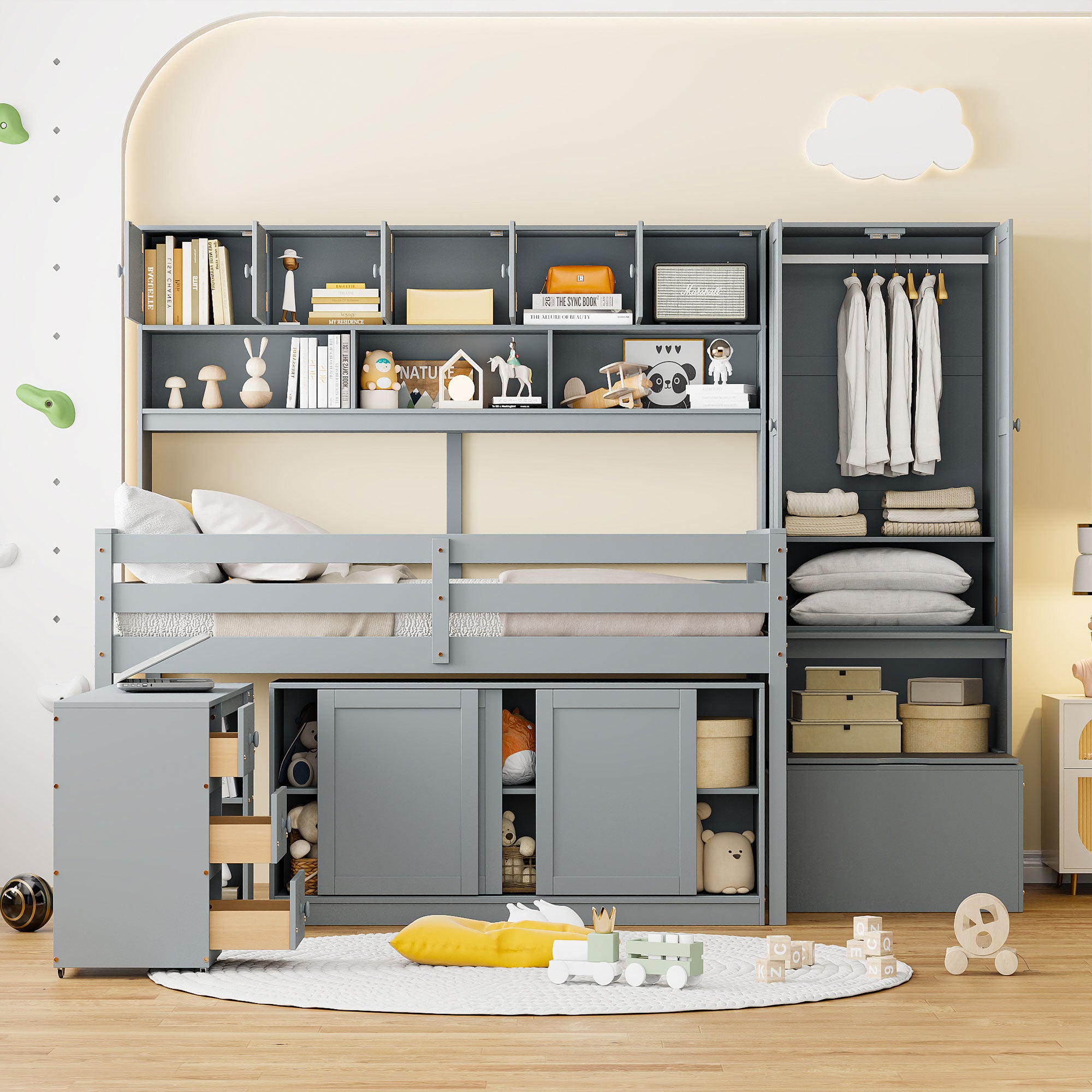 Full Size Wooden Loft Bed w/ Desk, Built-in Storage - Gray