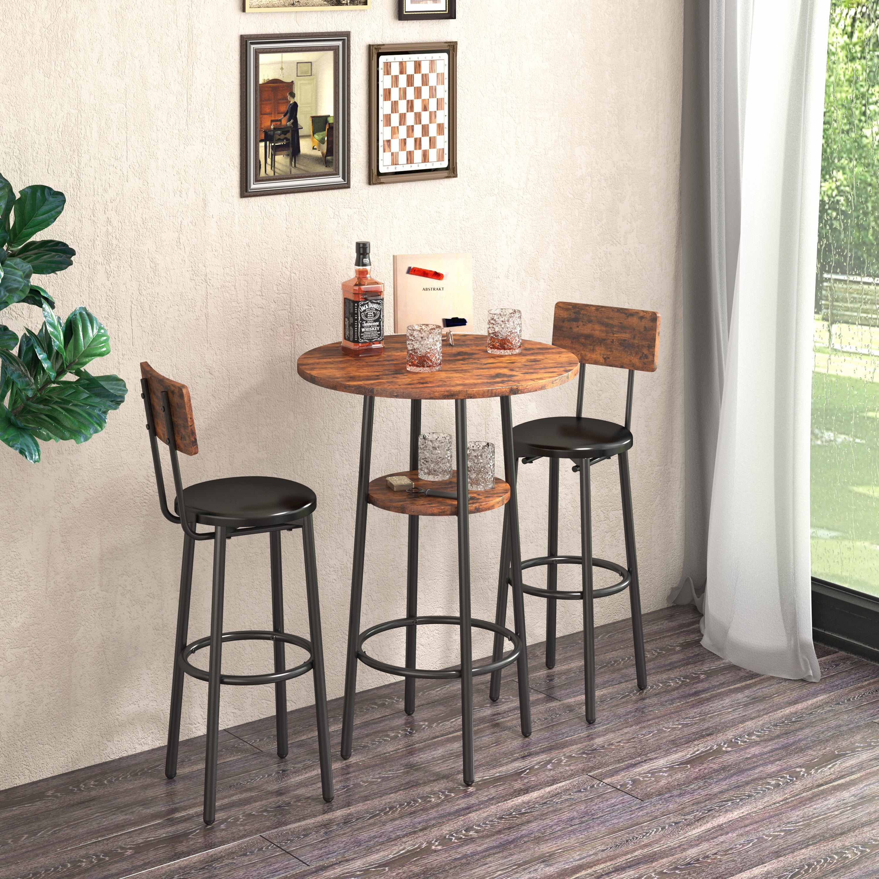 Rustic Round Bar Stools with Shelf (Set of 2)