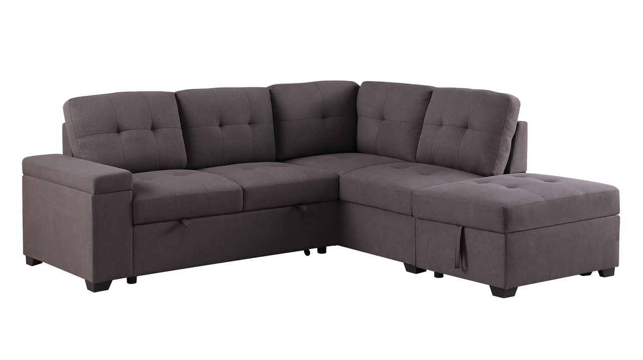 Katie - Linen Sleeper Sectional Sofa With Storage Ottoman, Storage Arm - Brown