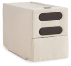 Oyster upholstered console with audio system; two dark oval speaker openings
