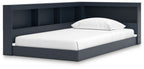 Blue bookcase storage bed with white mattress and built-in shelving headboard