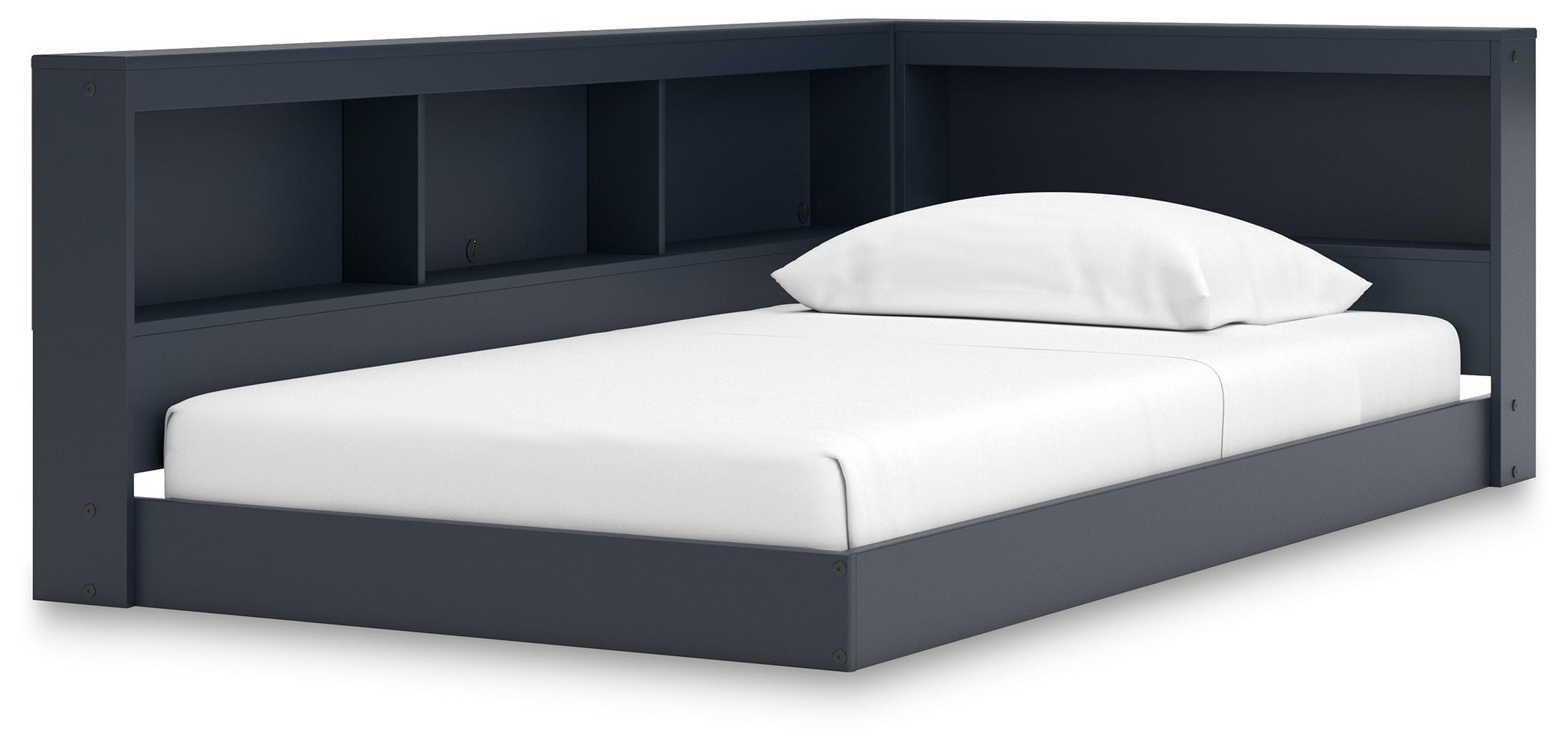 Blue bookcase storage bed with white mattress and built-in shelving headboard